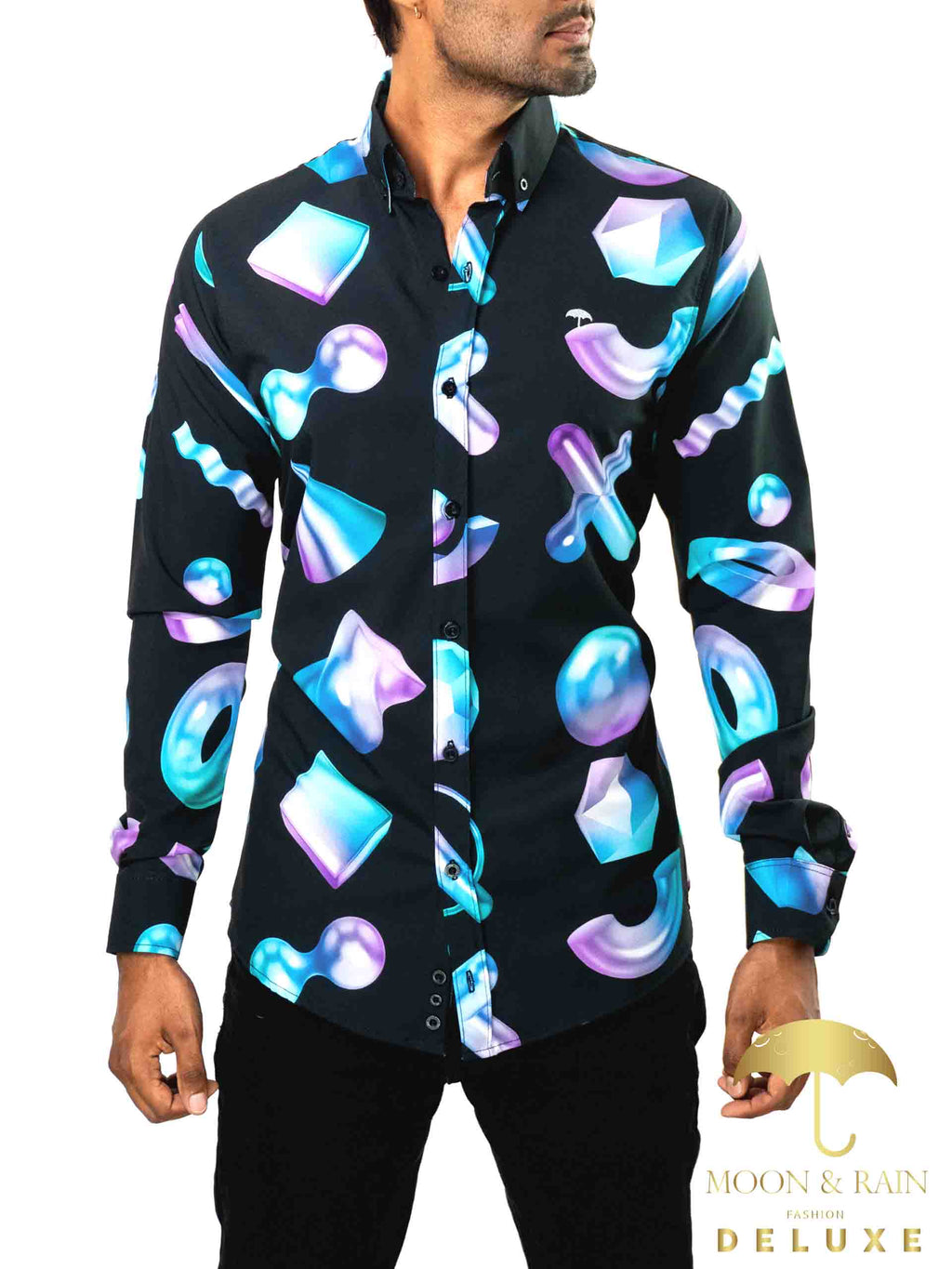 Camisa Hombre Casual Slim Fit Negra Geometría 3d - 34 (S)-Tiendas Platino