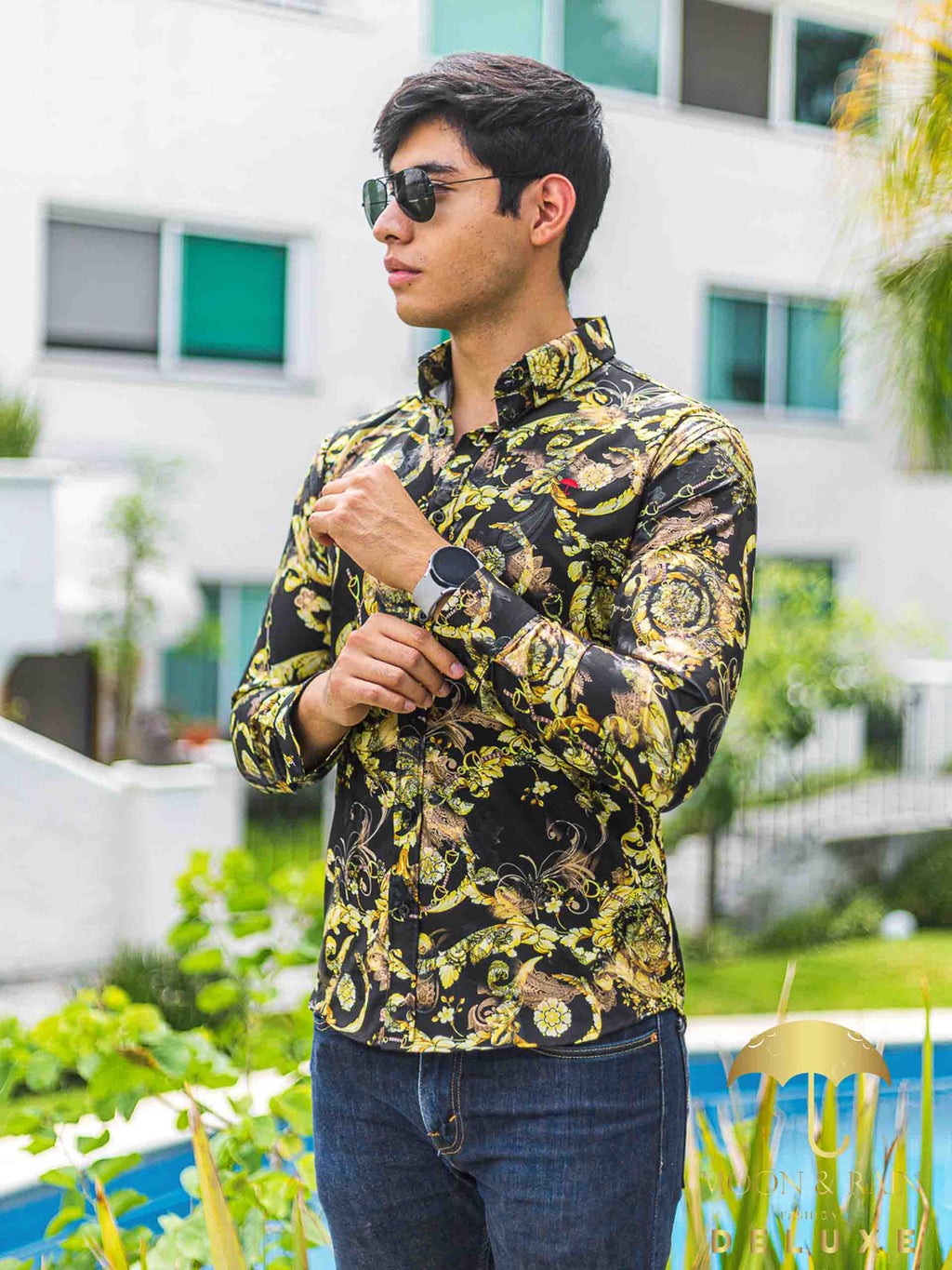 Camisa Hombre Casual Slim Fit Negro Flores Y Hojas Doradas - 34 (S)-Tiendas Platino