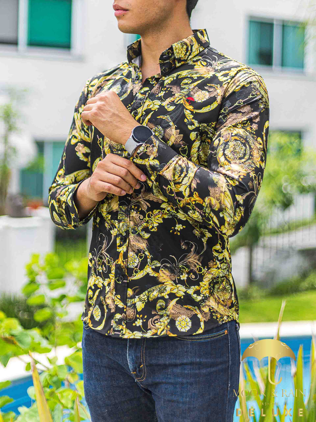 Camisa Hombre Casual Slim Fit Negro Flores Y Hojas Doradas - 34 (S)-Tiendas Platino