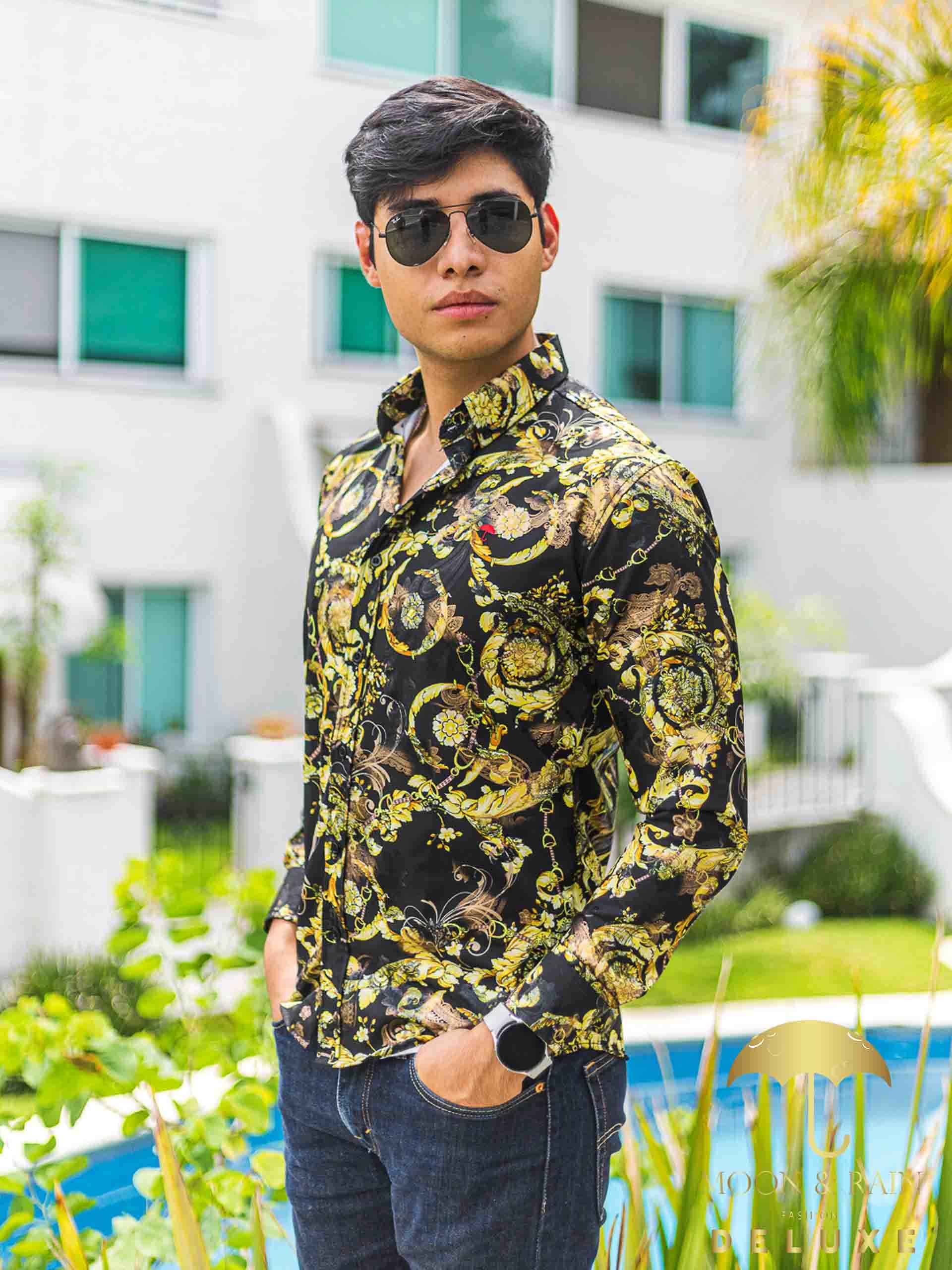 Camisa Hombre Casual Slim Fit Negro Flores Y Hojas Doradas - 34 (S)-Tiendas Platino