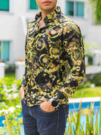 Camisa Hombre Casual Slim Fit Negro Flores Y Hojas Doradas - 34 (S)-Tiendas Platino