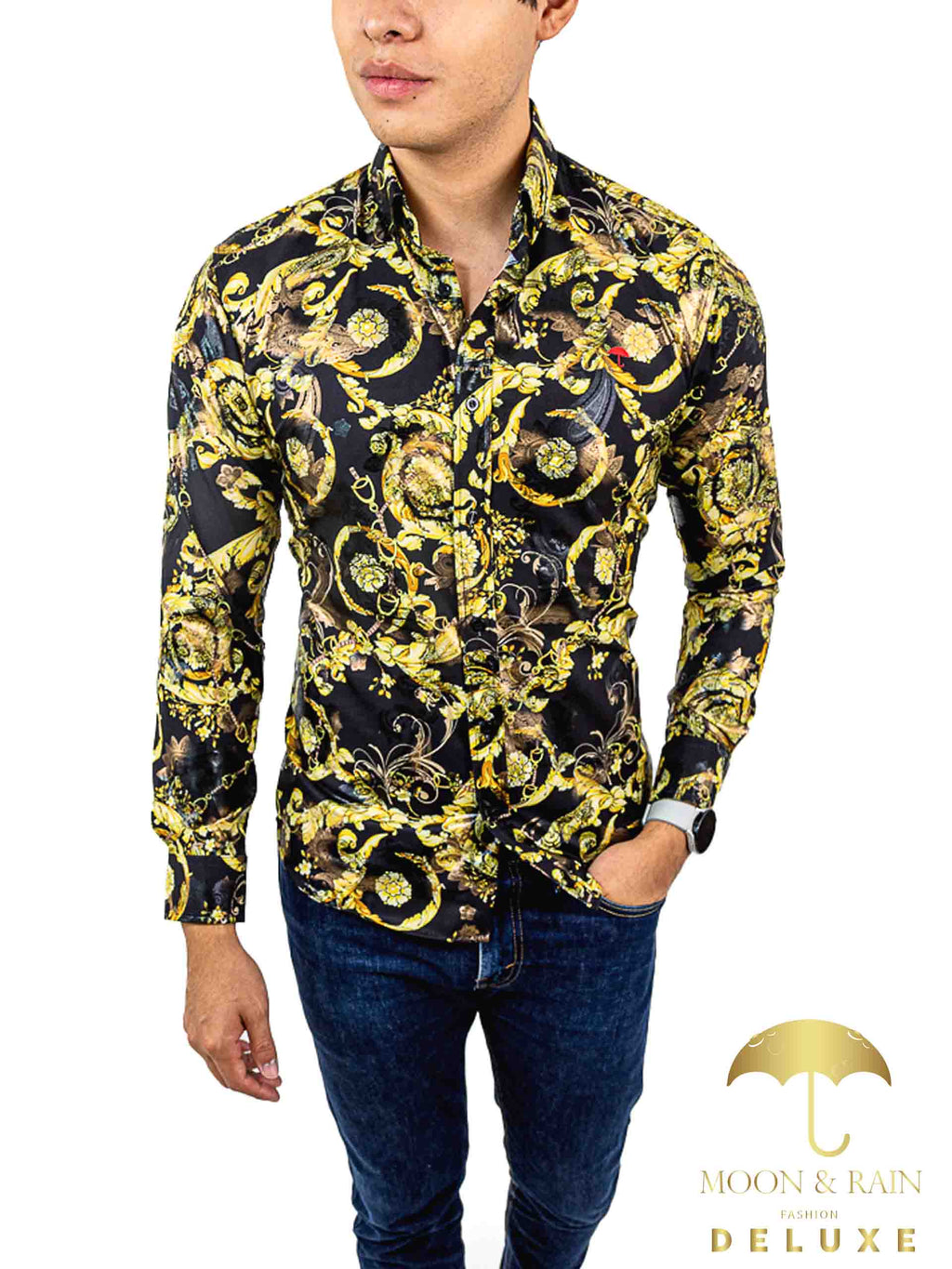 Camisa Hombre Casual Slim Fit Negro Flores Y Hojas Doradas - 34 (S)-Tiendas Platino