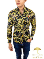 Camisa Hombre Casual Slim Fit Negro Flores Y Hojas Doradas - 34 (S)-Tiendas Platino
