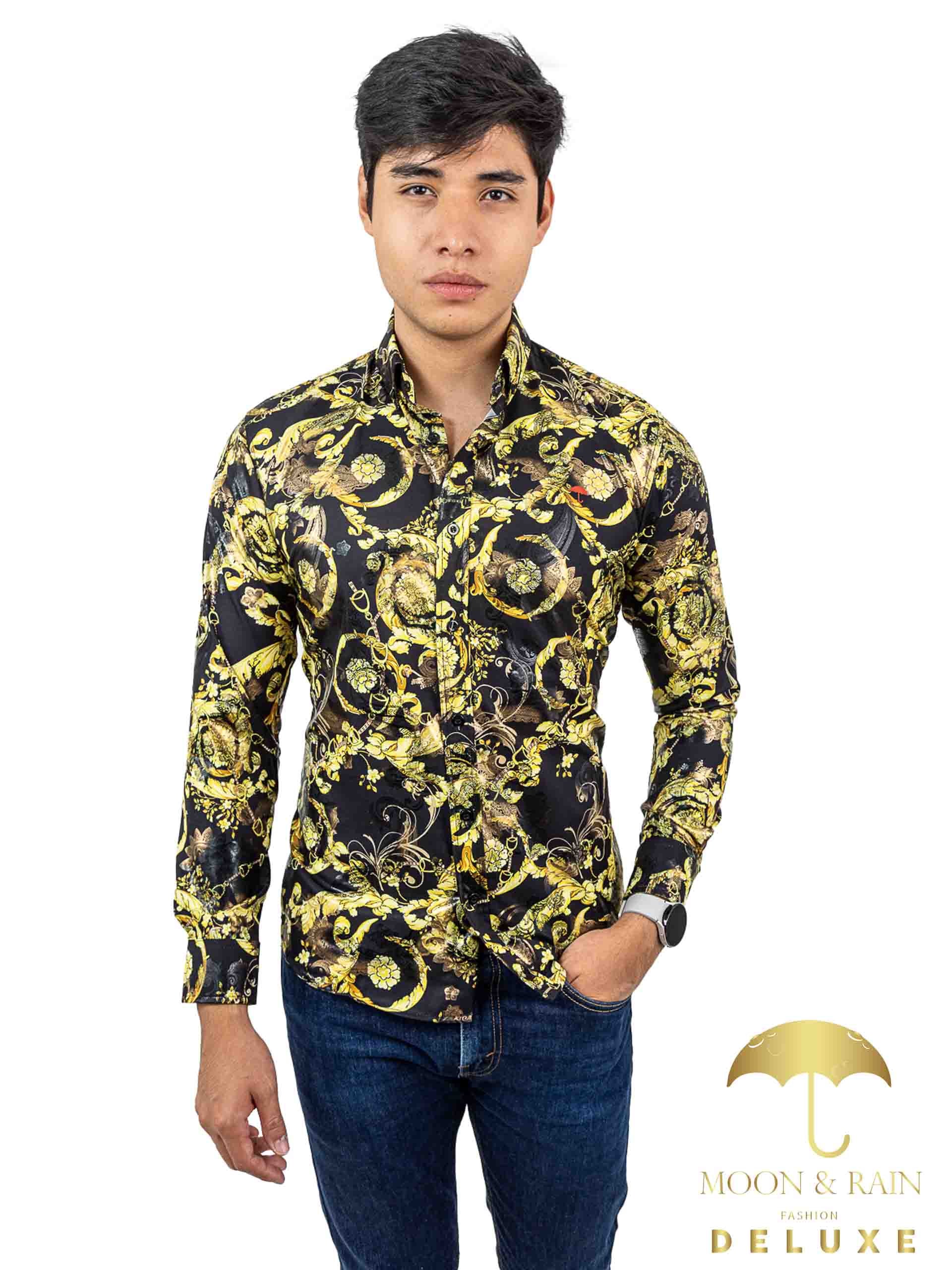 Camisa Hombre Casual Slim Fit Negro Flores Y Hojas Doradas - 34 (S)-Tiendas Platino