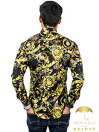 Camisa Hombre Casual Slim Fit Negro Flores Y Hojas Doradas - 34 (S)-Tiendas Platino