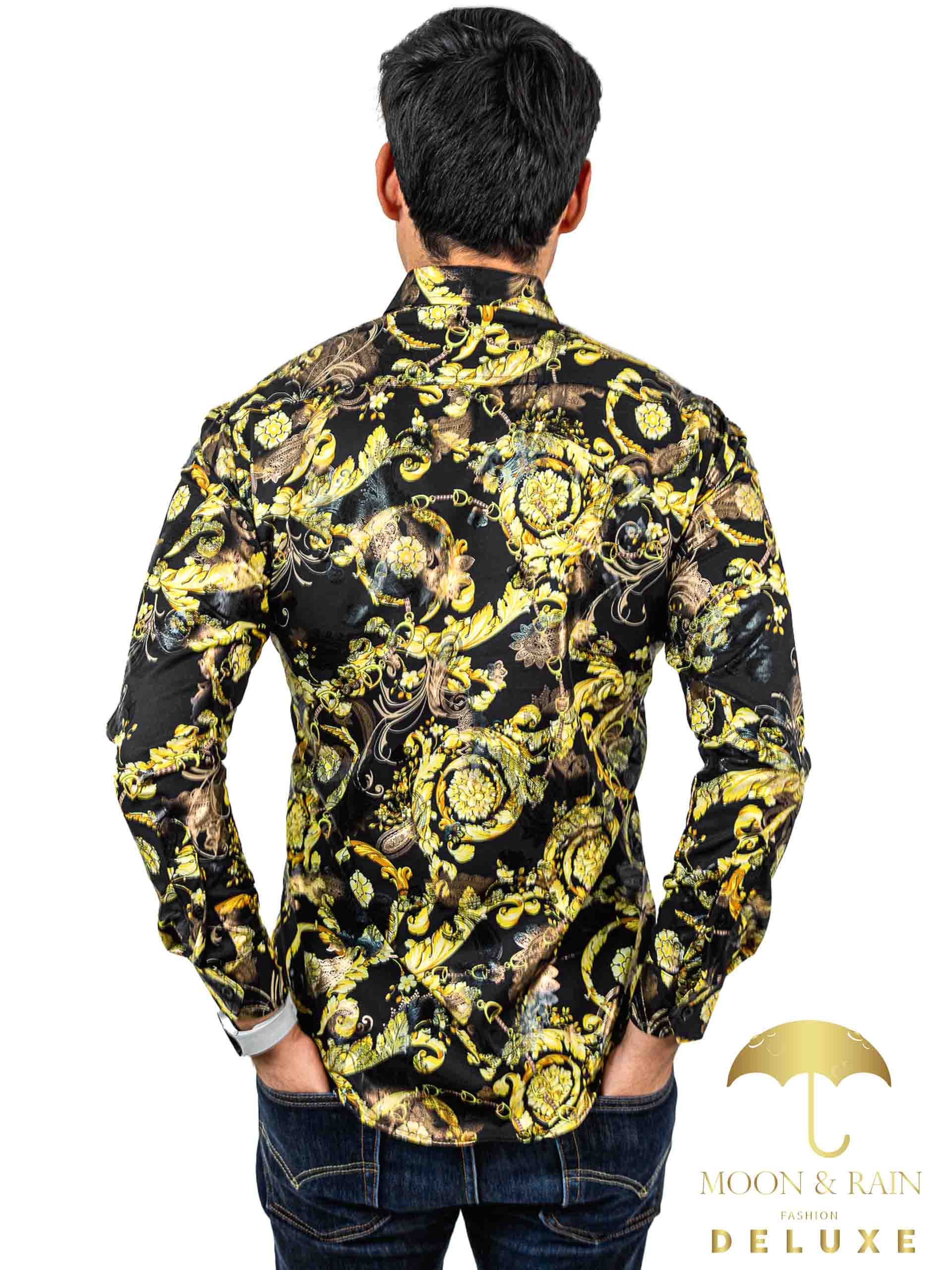 Camisa Hombre Casual Slim Fit Negro Flores Y Hojas Doradas - 34 (S)-Tiendas Platino