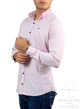 Camisa Hombre Casual Slim Fit Cuadros Rosa Claro  Y Blanco