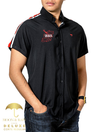 Camisa Hombre Casual Negra Lisa Mr Flor Roja-Franjas