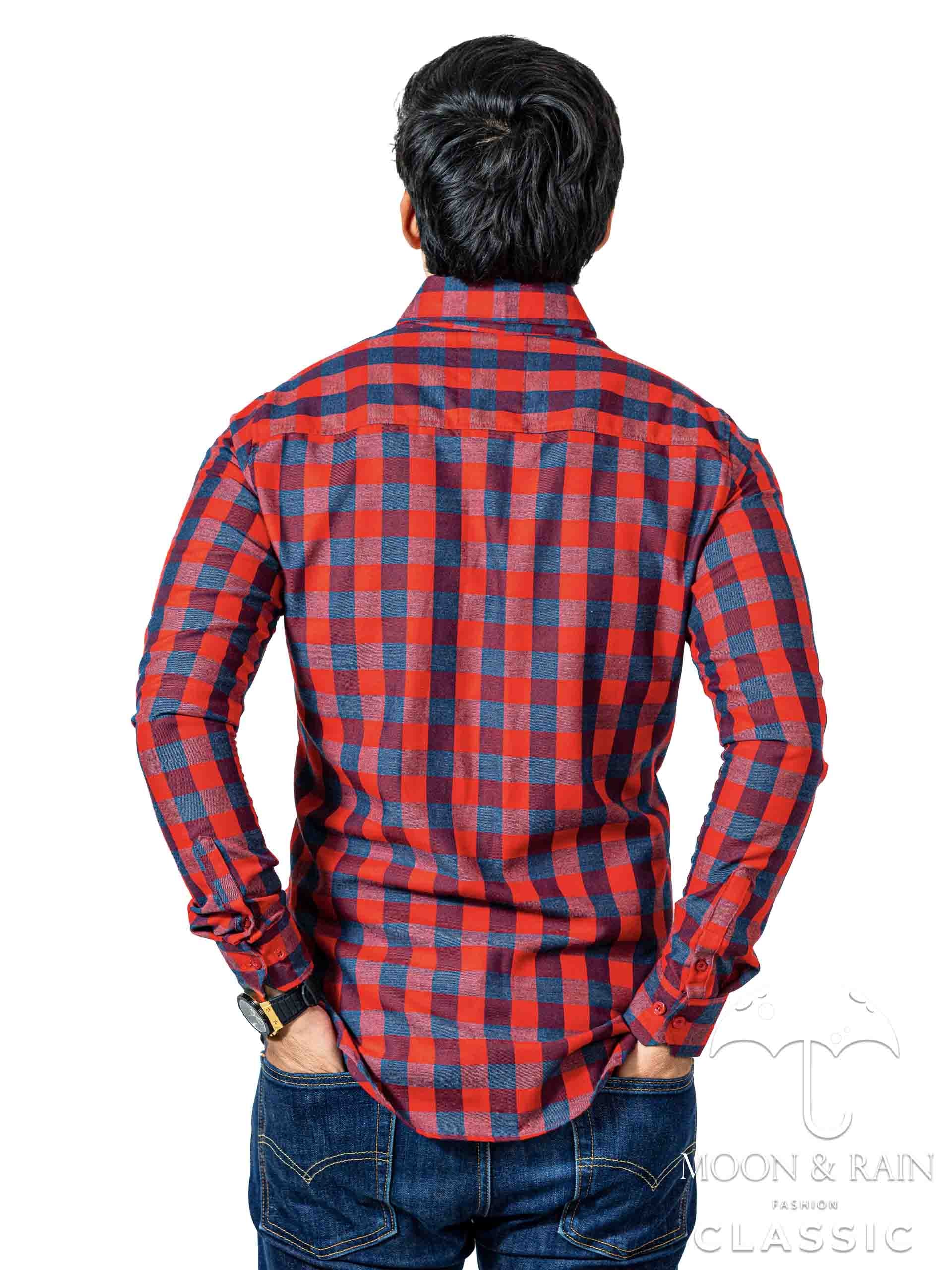 Camisa Hombre Casual Slim Fit Grande Cuadros Roja Y Marino