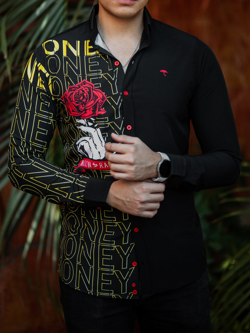 Camisa Hombre Casual Slim Fit Negra Con Rosa Money - 34 (S)-Tiendas Platino