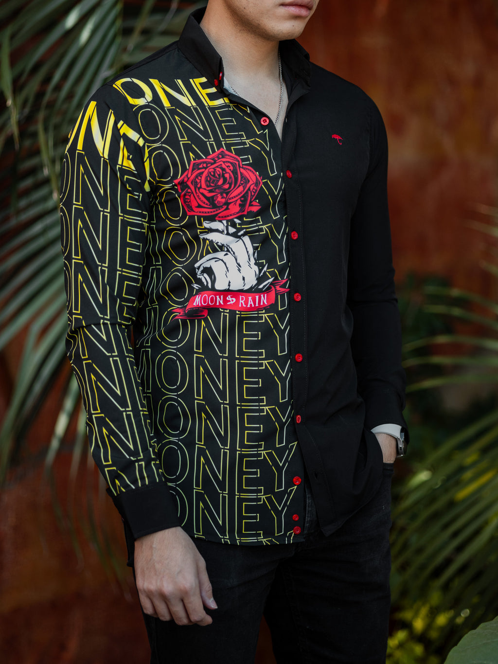 Camisa Hombre Casual Slim Fit Negra Con Rosa Money - 34 (S)-Tiendas Platino