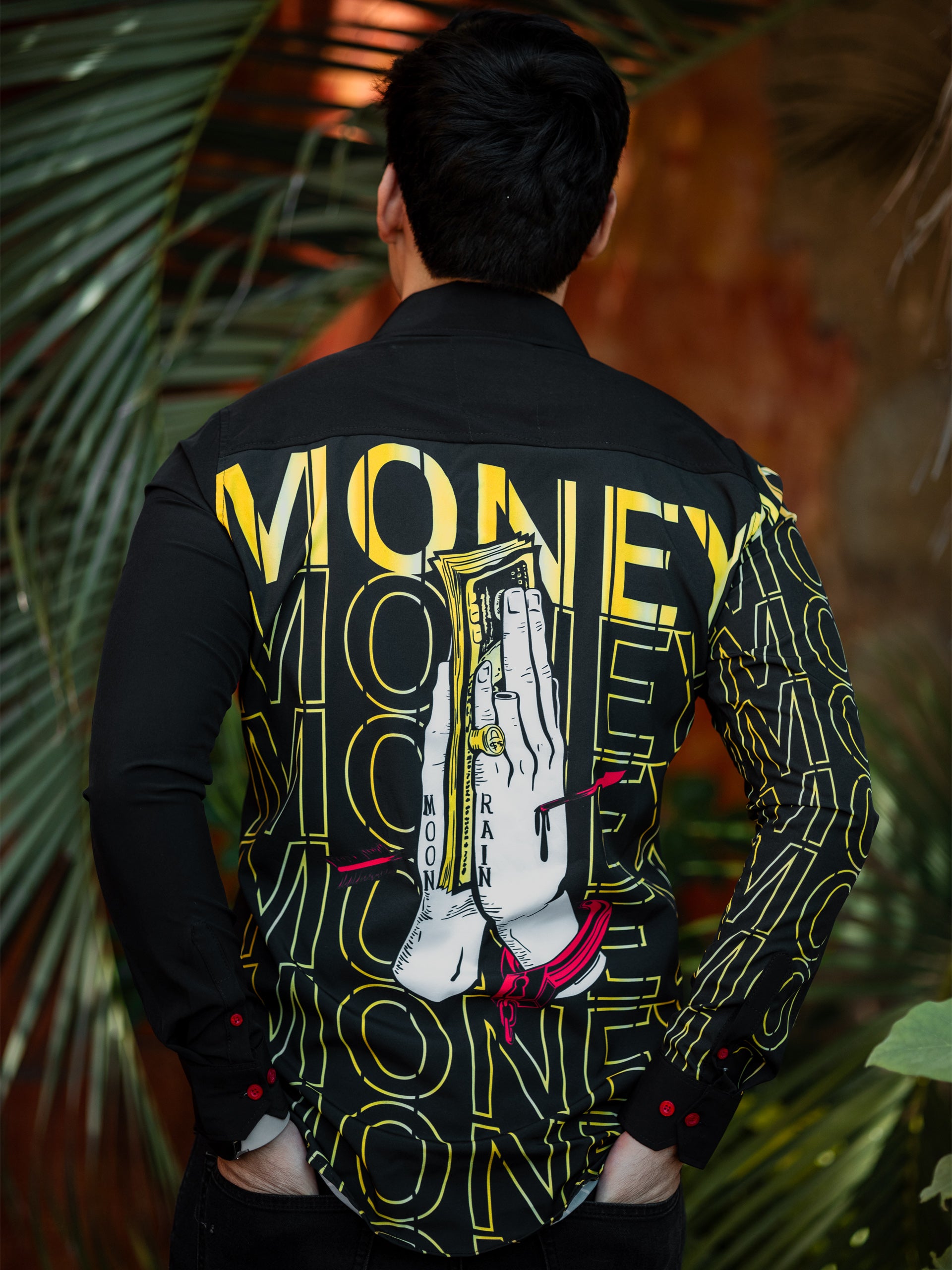 Camisa Hombre Casual Slim Fit Negra Con Rosa Money - 34 (S)-Tiendas Platino