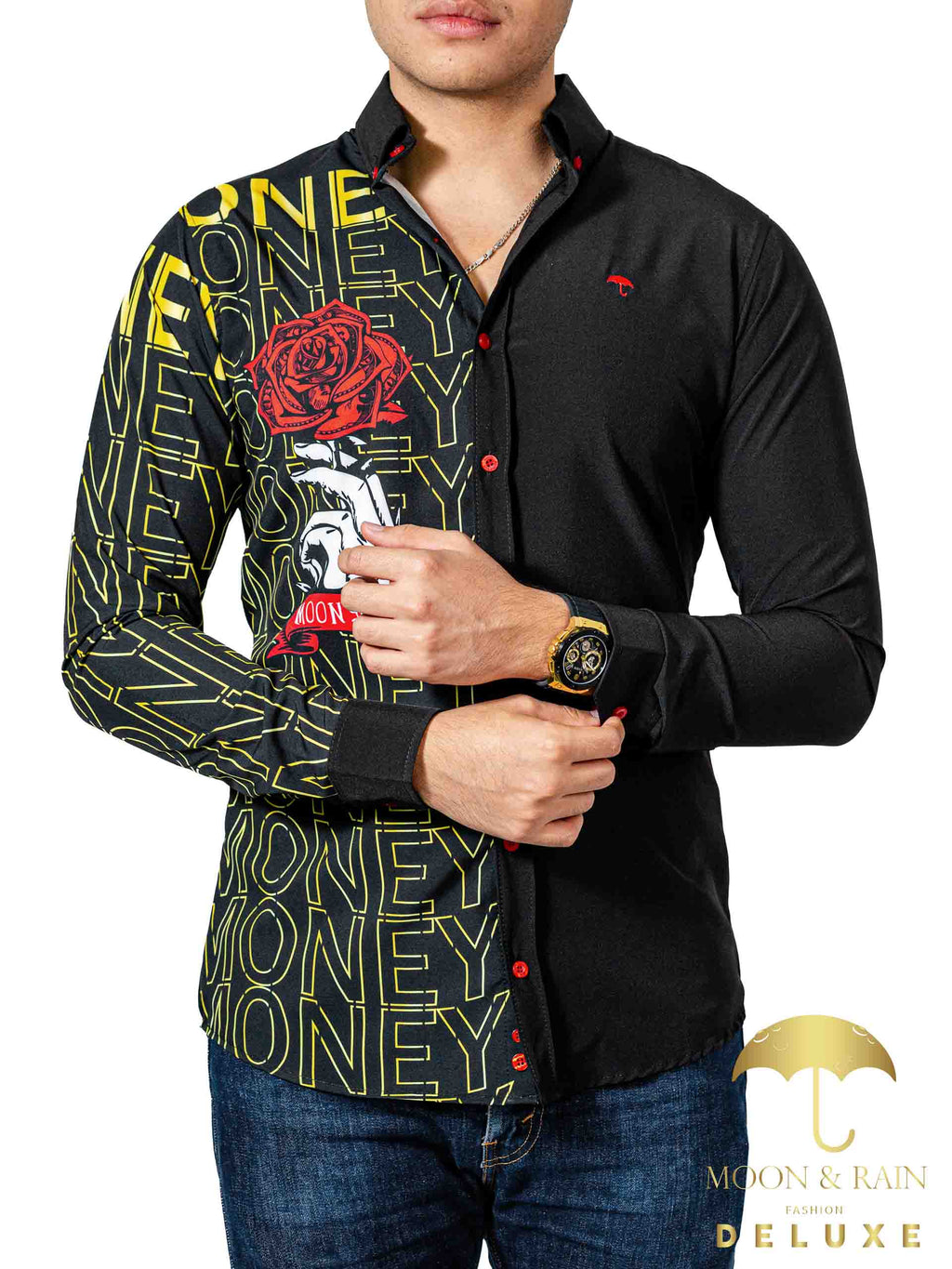 Camisa Hombre Casual Slim Fit Negra Con Rosa Money - 34 (S)-Tiendas Platino