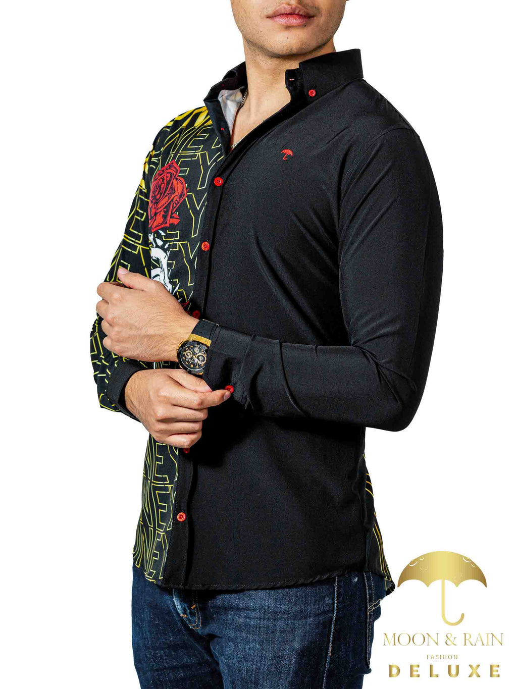 Camisa Hombre Casual Slim Fit Negra Con Rosa Money - 34 (S)-Tiendas Platino