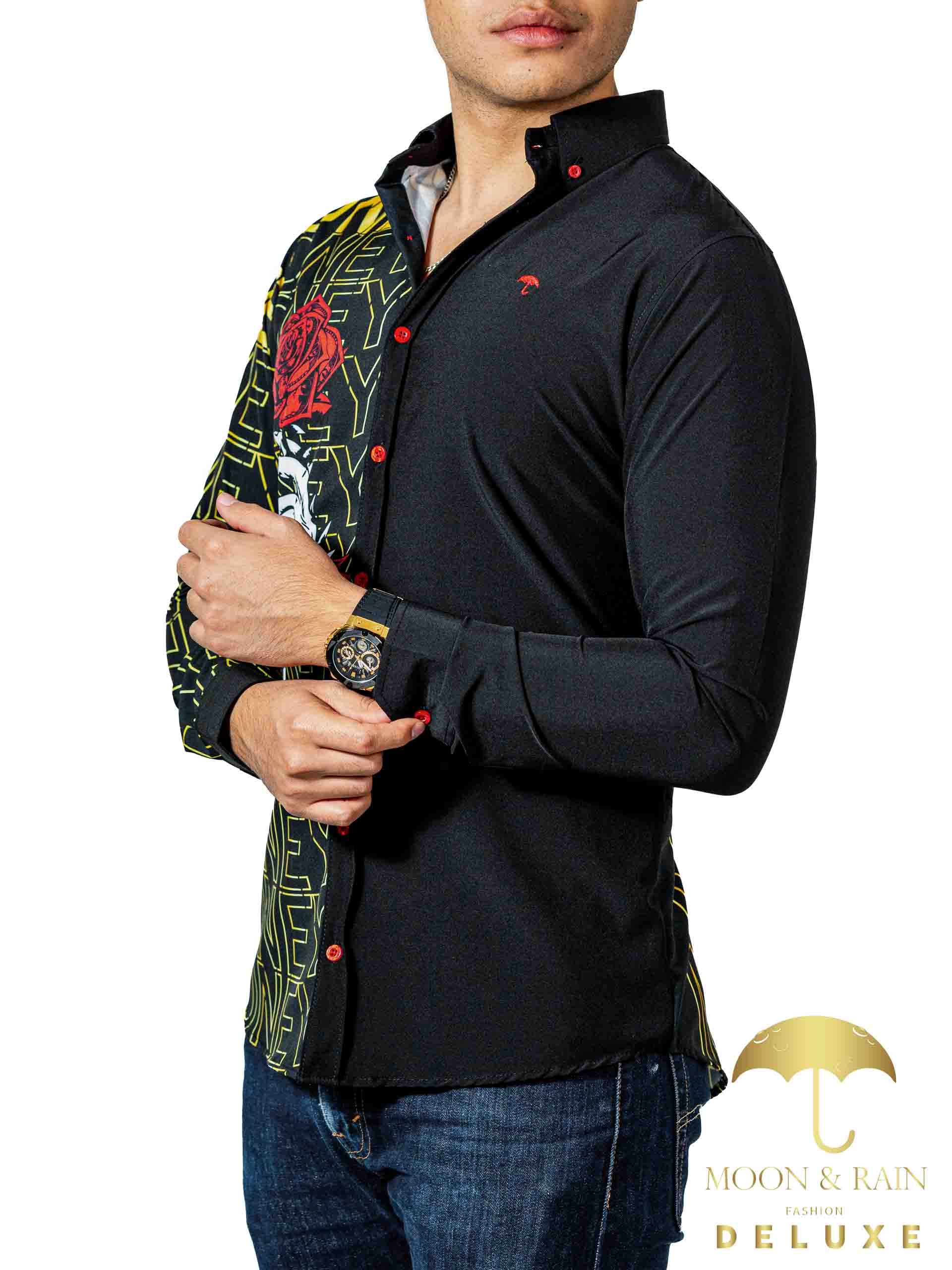 Camisa Hombre Casual Slim Fit Negra Con Rosa Money - 34 (S)-Tiendas Platino