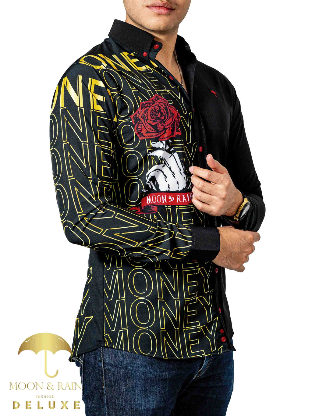 Camisa Hombre Casual Slim Fit Negra Con Rosa Money - 34 (S)-Tiendas Platino