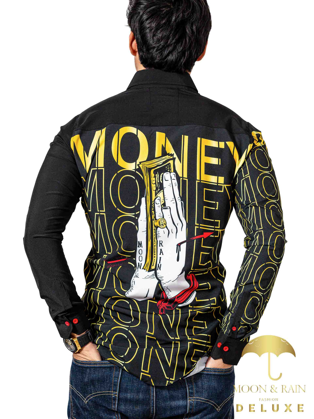 Camisa Hombre Casual Slim Fit Negra Con Rosa Money - 34 (S)-Tiendas Platino