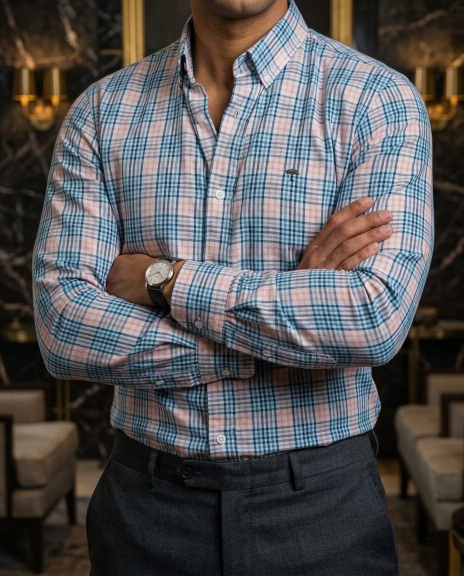 Camisa Hombre Cuadros Azul Gris Rosa — Blush Check | Moon & Rain