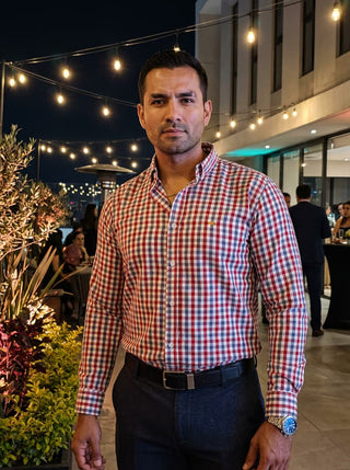 Camisa Casual Hombre, Cuadro Rojo Y Gris