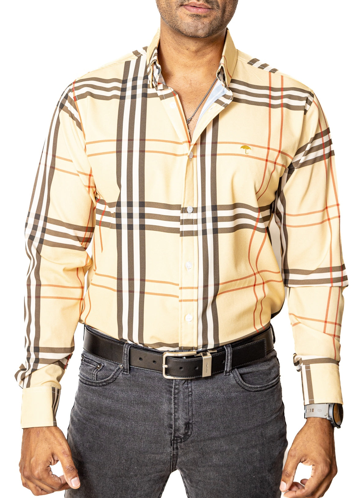 Camisa Casual Hombre Slim, Crema Líneas Roja,negra Y Blanca - 34 (S)-Tiendas Platino