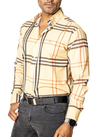 Camisa Casual Hombre Slim, Crema Líneas Roja,negra Y Blanca