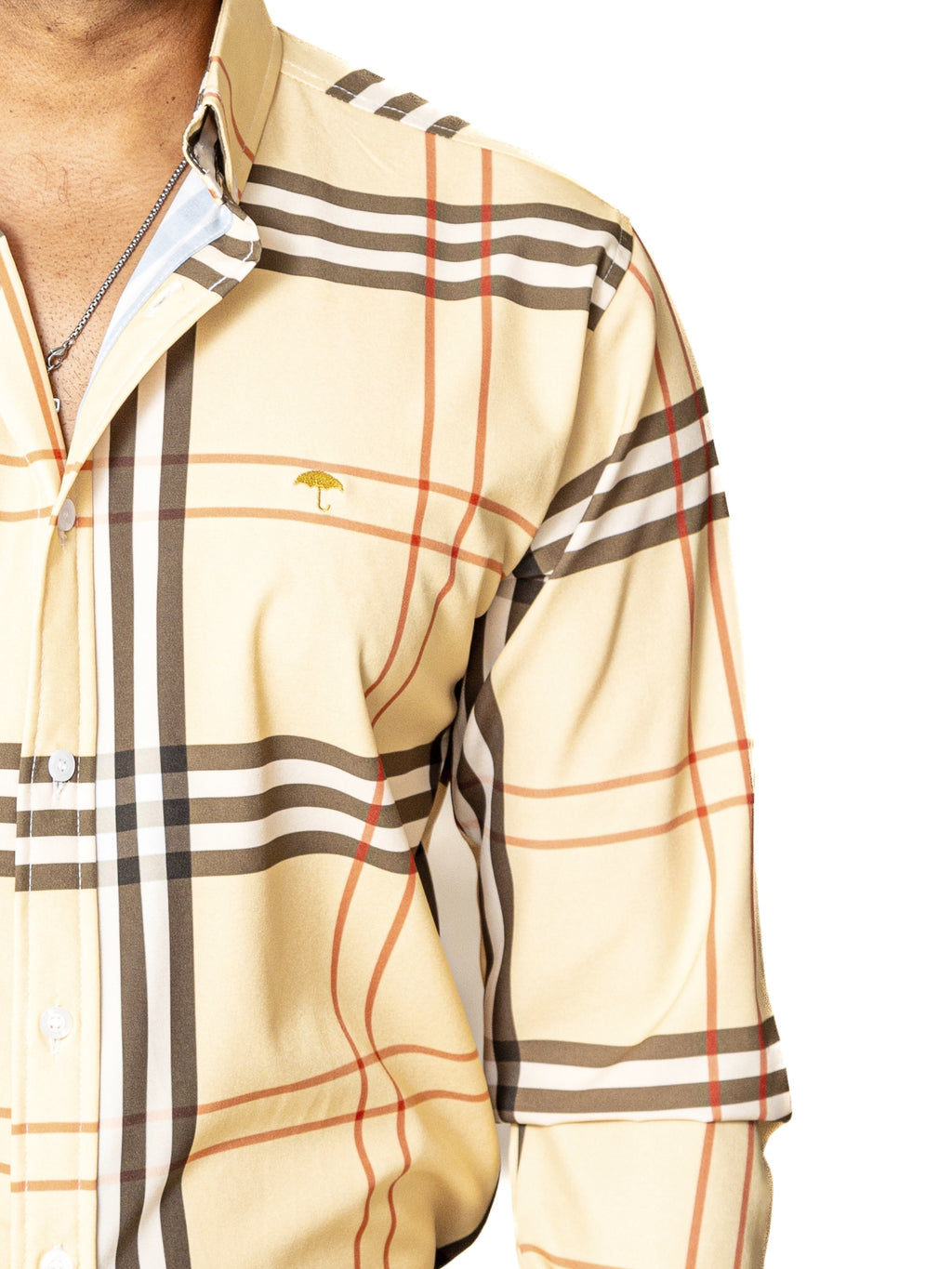 Camisa Casual Hombre Slim, Crema Líneas Roja,negra Y Blanca - 34 (S)-Tiendas Platino