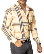 Camisa Casual Hombre Slim, Crema Líneas Roja,negra Y Blanca - 34 (S)-Tiendas Platino