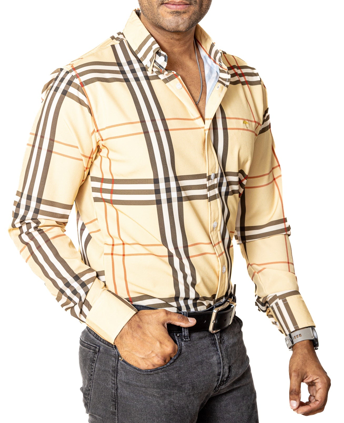 Camisa Casual Hombre Slim, Crema Líneas Roja,negra Y Blanca - 34 (S)-Tiendas Platino