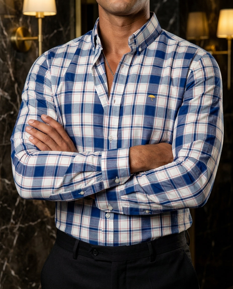 Camisa Hombre Cuadros Blanco Azul Marino — Navy Check | Moon & Rain