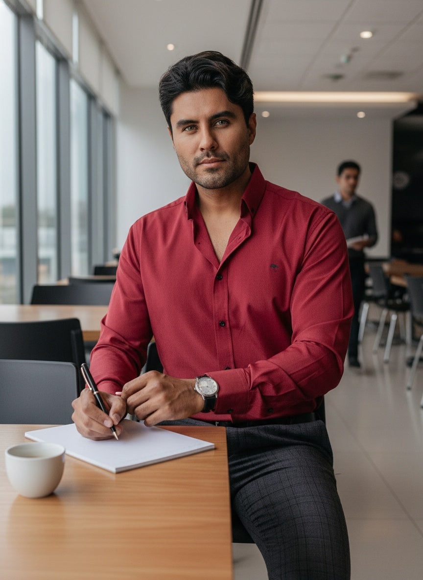 Men's Casual Long Sleeve Red Plain Shirt