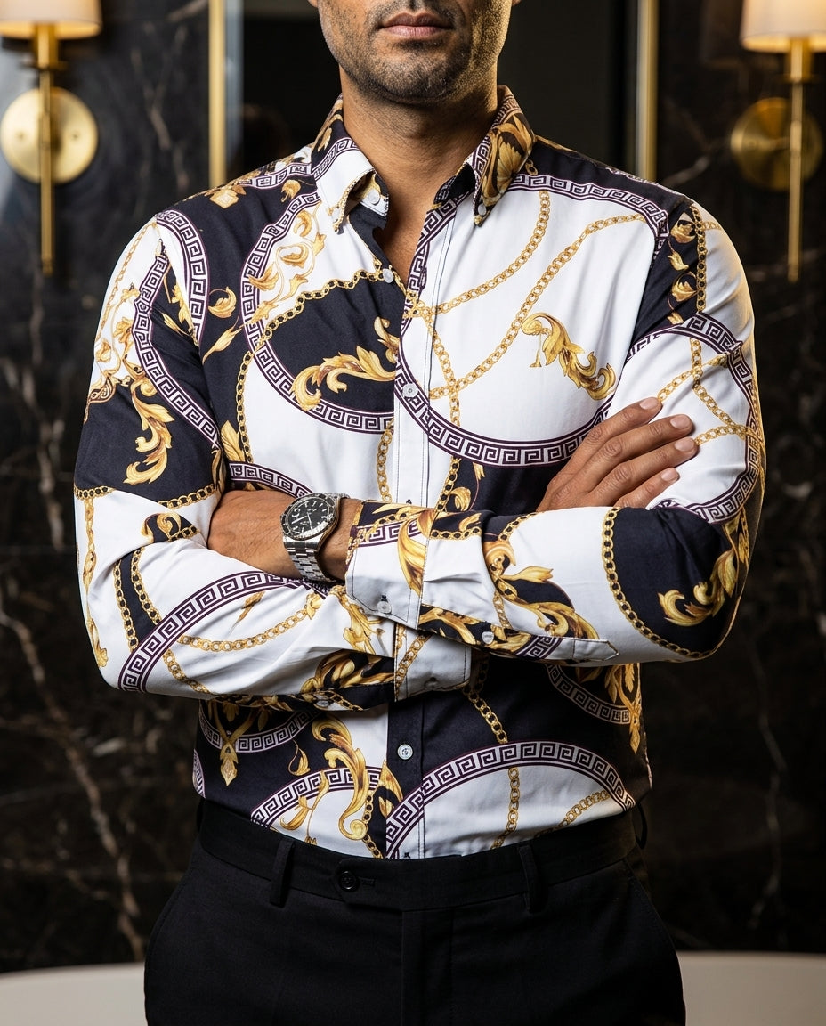 Camisa Hombre Estampado Negro Blanco — Chain Veil | Moon & Rain