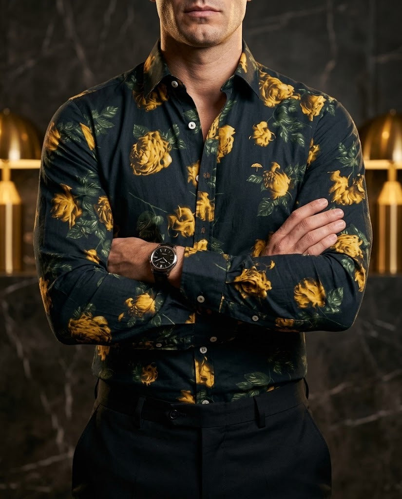 Camisa Hombre Estampado Negro Rosa — Golden Rose | Moon & Rain