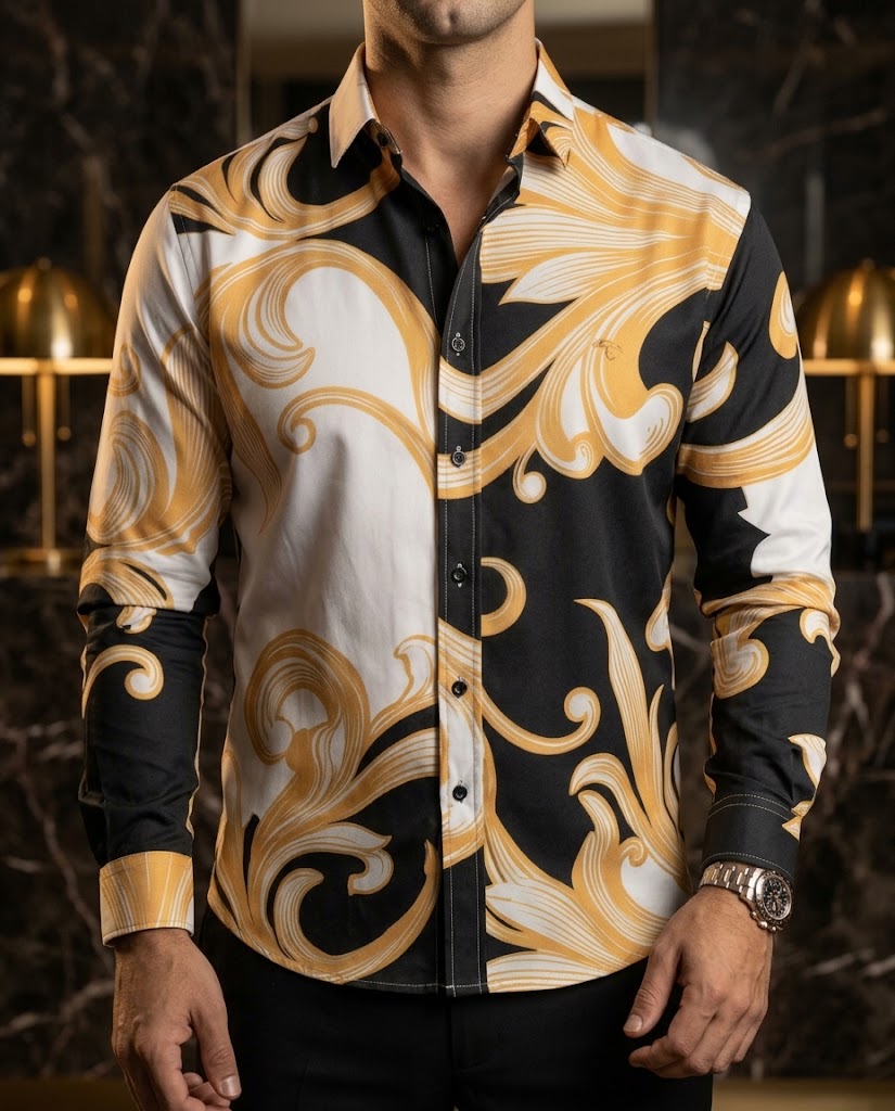 Camisa Hombre Estampado Negro Blanco — Golden Bloom | Moon & Rain