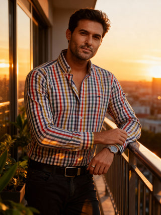 Camisa Hombre Casual Cuadros Amarillo Morado y Naranja