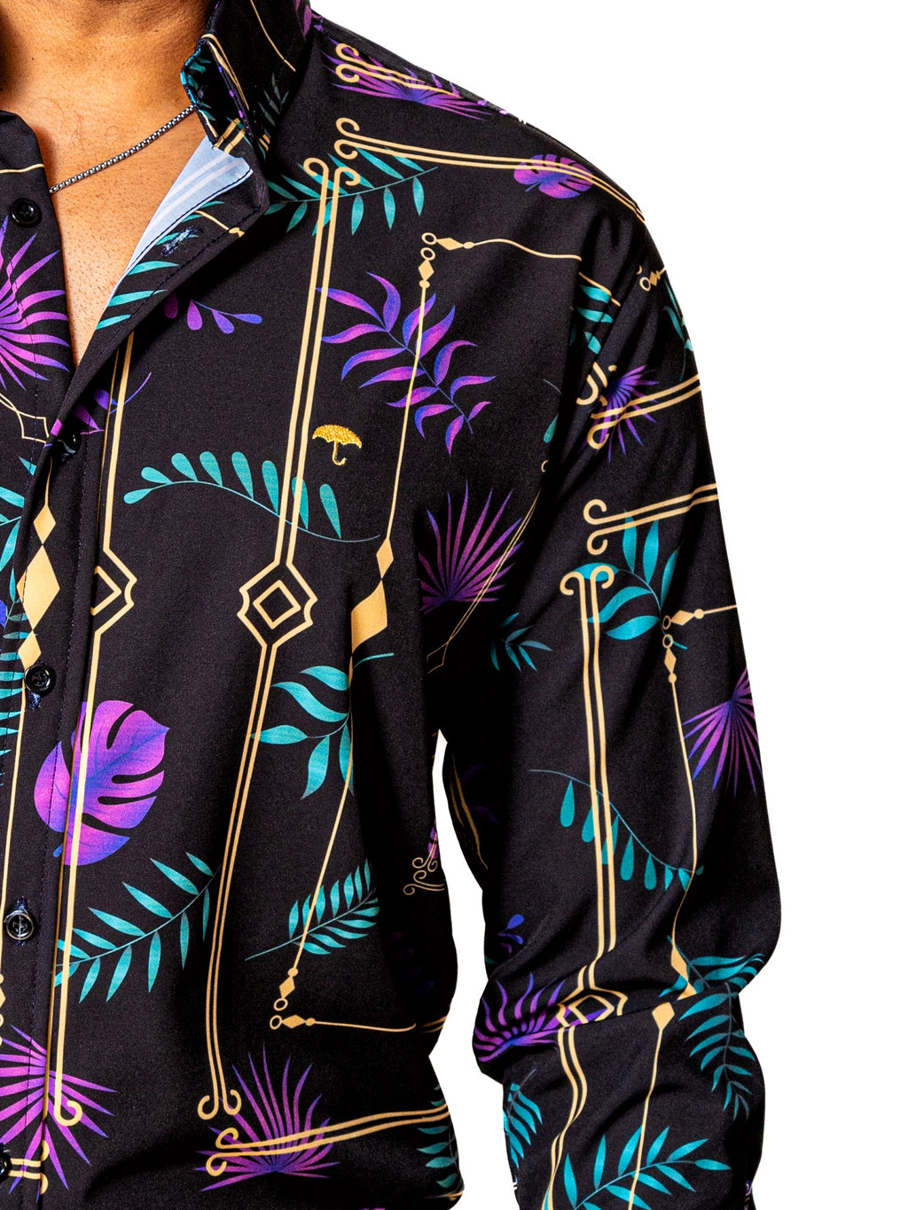 Camisa Casual Hombre Slim, Negra Hojas Moradas,verdes - Tiendas Platino Camisas Hombre 34 (S)