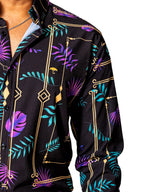 Camisa Casual Hombre Slim, Negra Hojas Moradas,verdes - Tiendas Platino Camisas Hombre 34 (S)