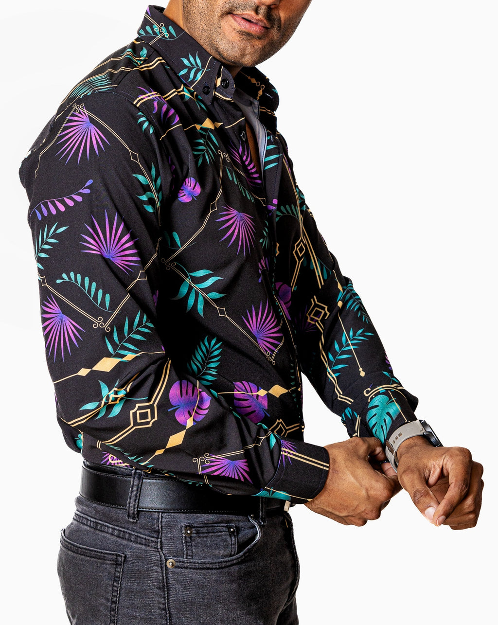 Camisa Casual Hombre Slim, Negra Hojas Moradas,verdes - Tiendas Platino Camisas Hombre 34 (S)