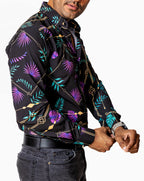 Camisa Casual Hombre Slim, Negra Hojas Moradas,verdes - Tiendas Platino Camisas Hombre 34 (S)