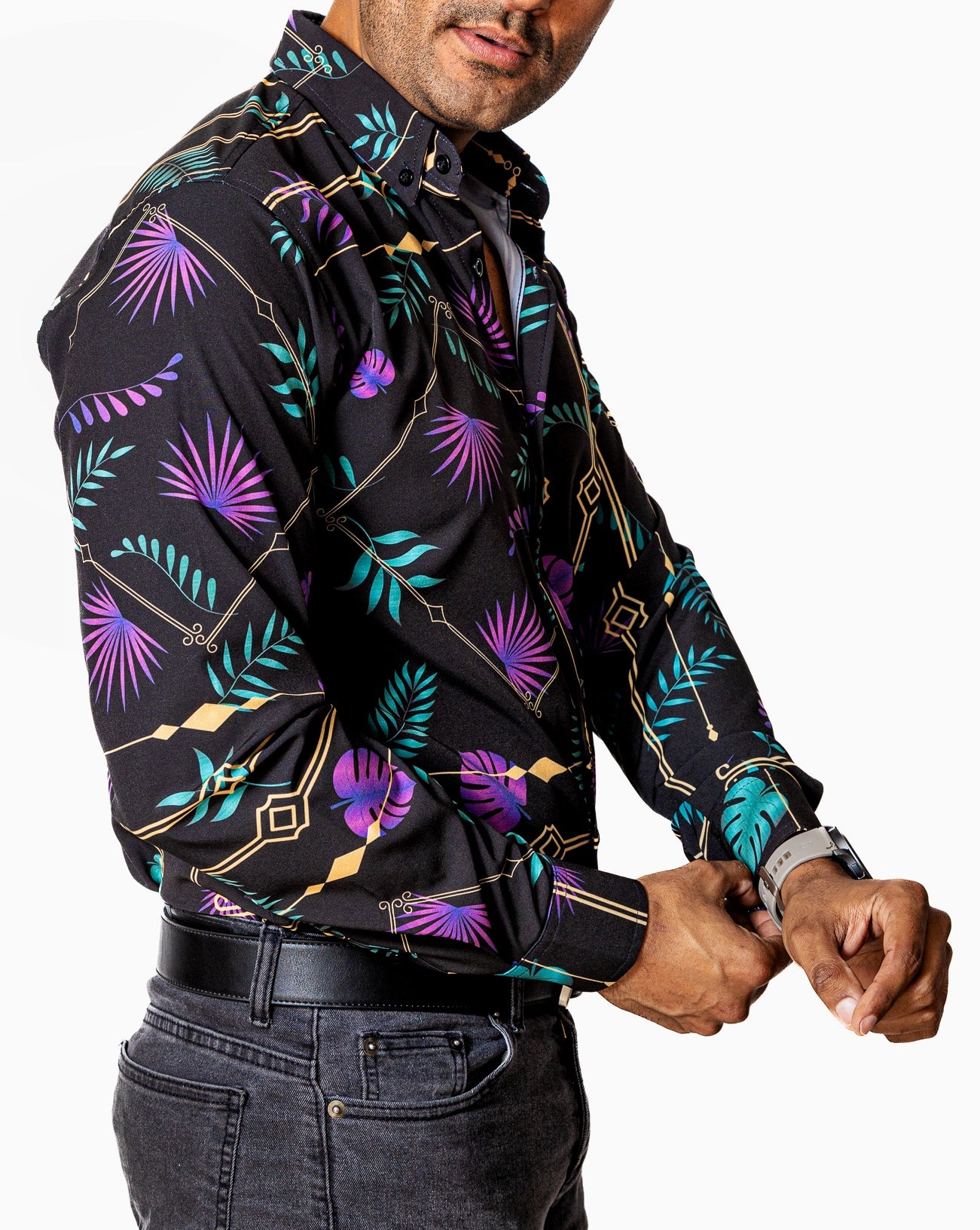 Camisa Casual Hombre Slim, Negra Hojas Moradas,verdes - Tiendas Platino Camisas Hombre 34 (S)