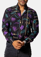 Camisa Casual Hombre Slim, Negra Hojas Moradas,verdes - Tiendas Platino Camisas Hombre 34 (S)