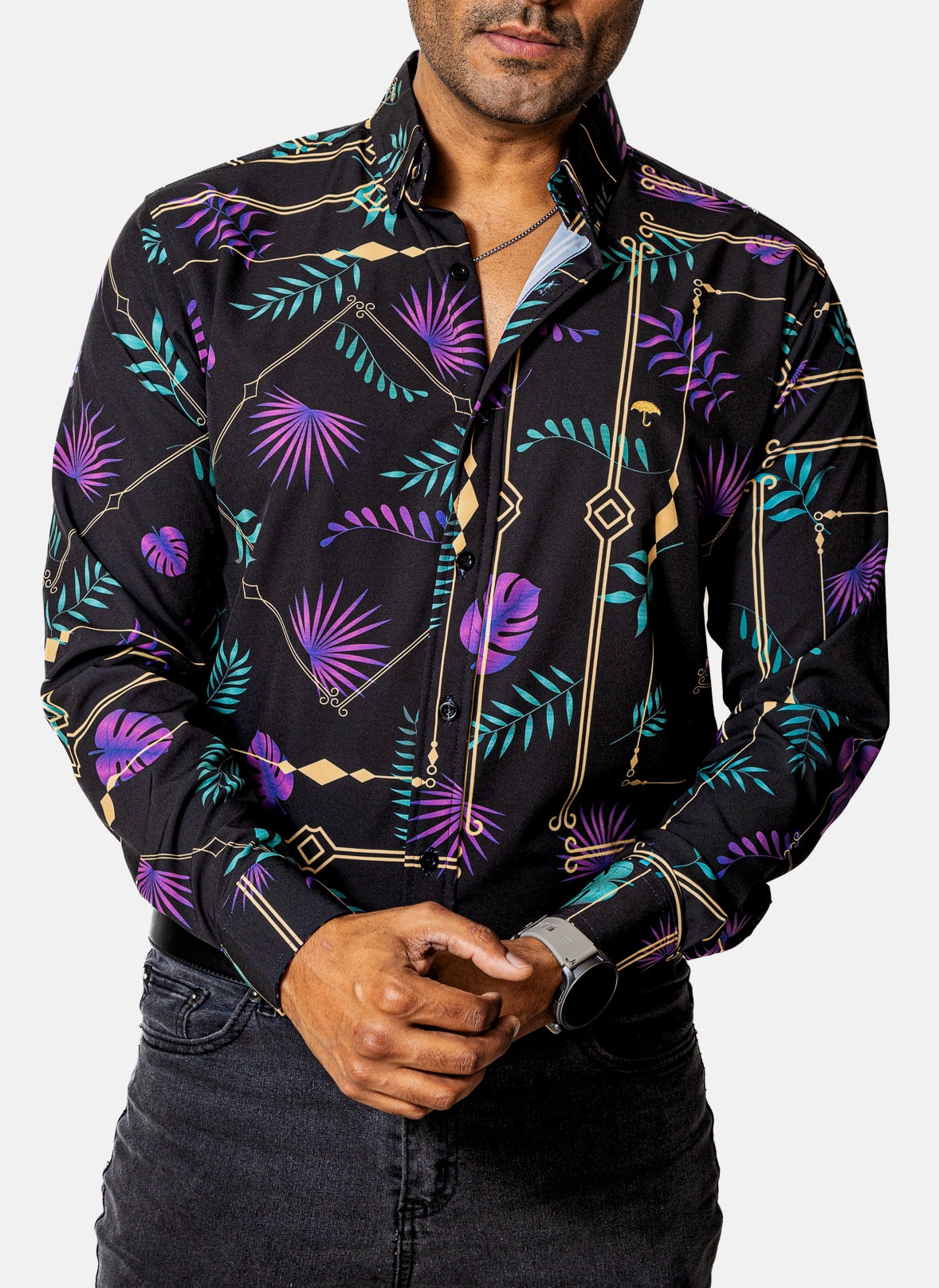 Camisa Casual Hombre Slim, Negra Hojas Moradas,verdes - Tiendas Platino Camisas Hombre 34 (S)