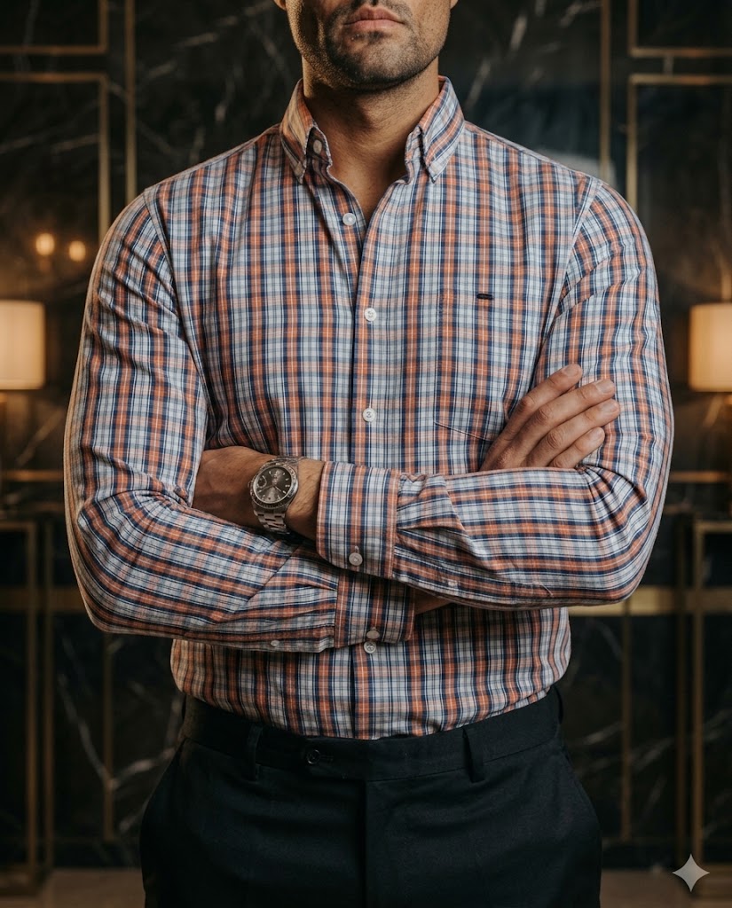 Camisa Hombre Cuadros Azul Marino Naranja — Rust Check | Moon & Rain