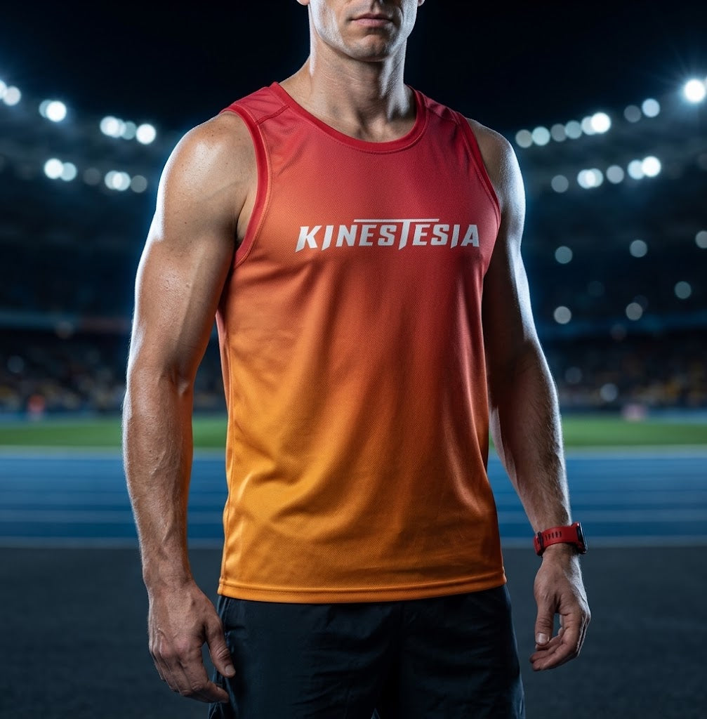 PLAYERA TANK HOMBRE SIN MANGAS ROJO DEGRADADO NARANJA KINESTESIA