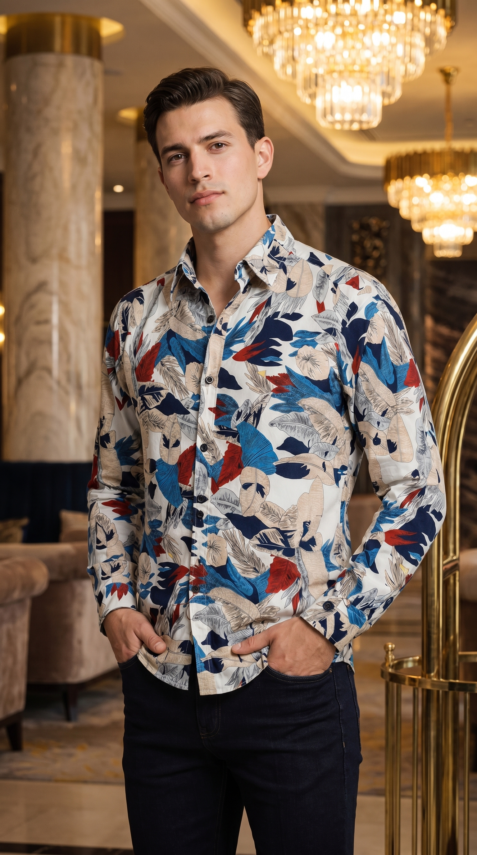 Camisa Hombre Casual Blanca Hojas Colores