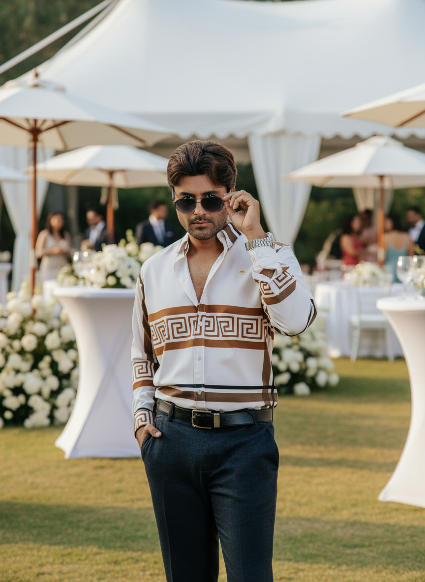 Camisa Hombre Beige Claro Det. Griego Café