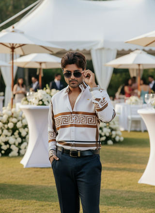 Camisa Hombre Beige Claro Det. Griego Café