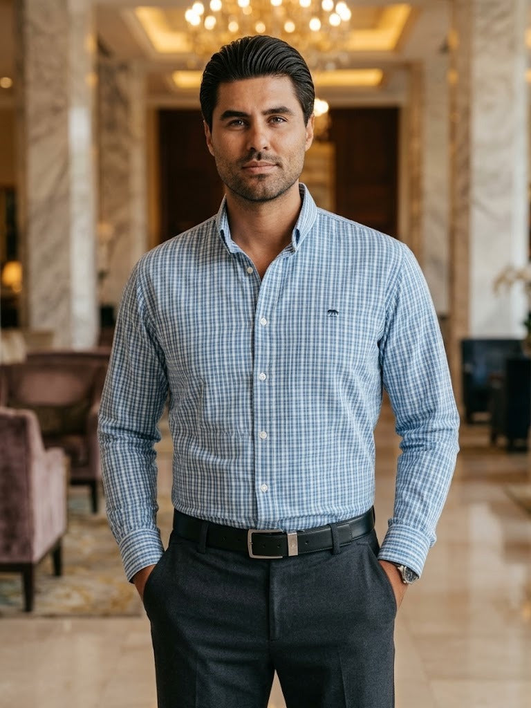 Camisa Hombre Microcuadro Azul Gris — Stone Micro | Moon & Rain