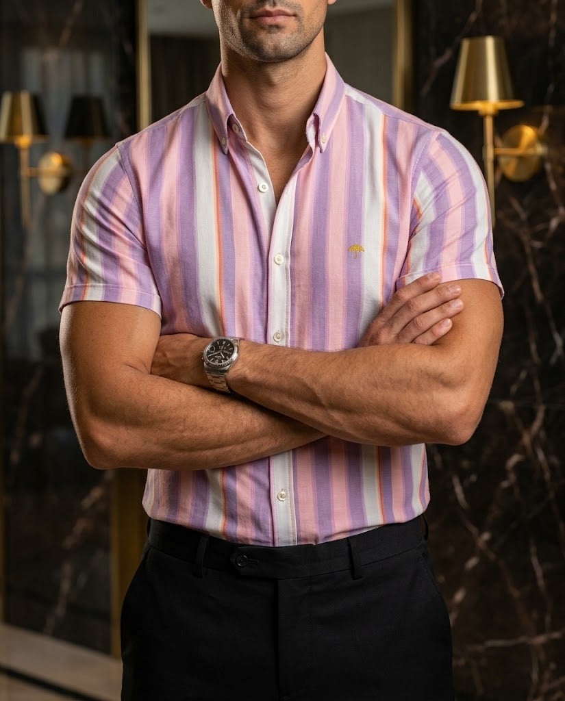 Men's Casual Slim Fit Pink and Purple Striped Shirt