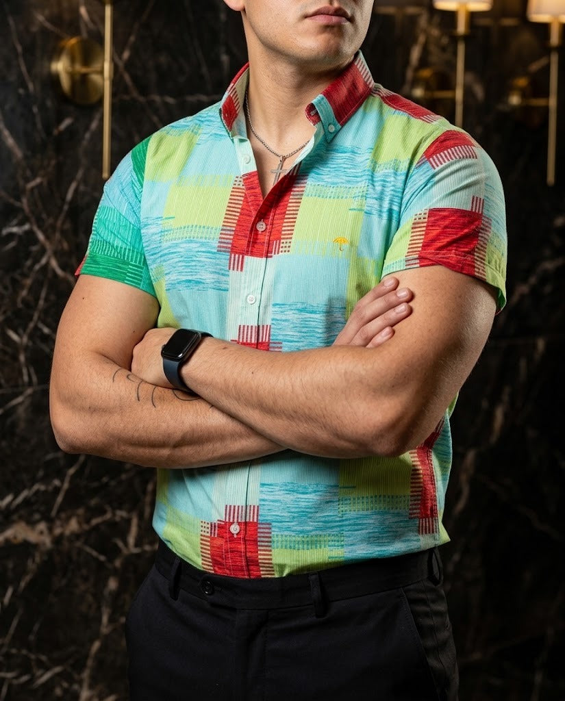 Men's Casual Short-Sleeved Shirt, Green and Red Plaid