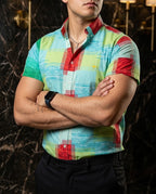 Men's Casual Short-Sleeved Shirt, Green and Red Plaid